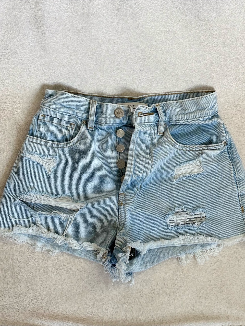 PacSun High Rise Distressed Denim Shorts Button Fly Light Wash